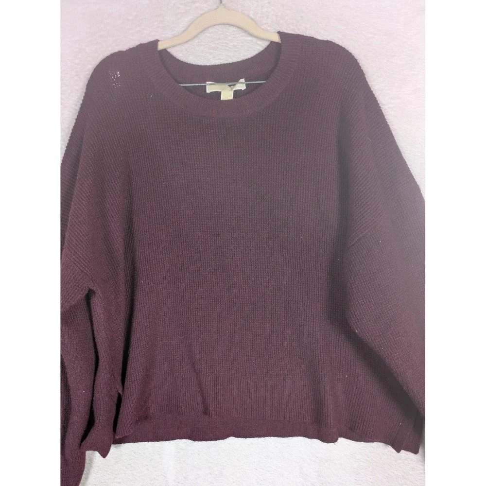 Michael Kors Sweater Women's XL Plum Wool Blend Ribbed Knit Pullover Logo Bar